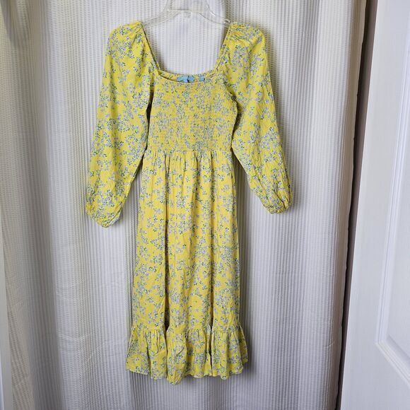 Draper James Small Yellow Blue Floral‎ Peasant Dress Long Sleeves Sundress - Picture 2 of 11